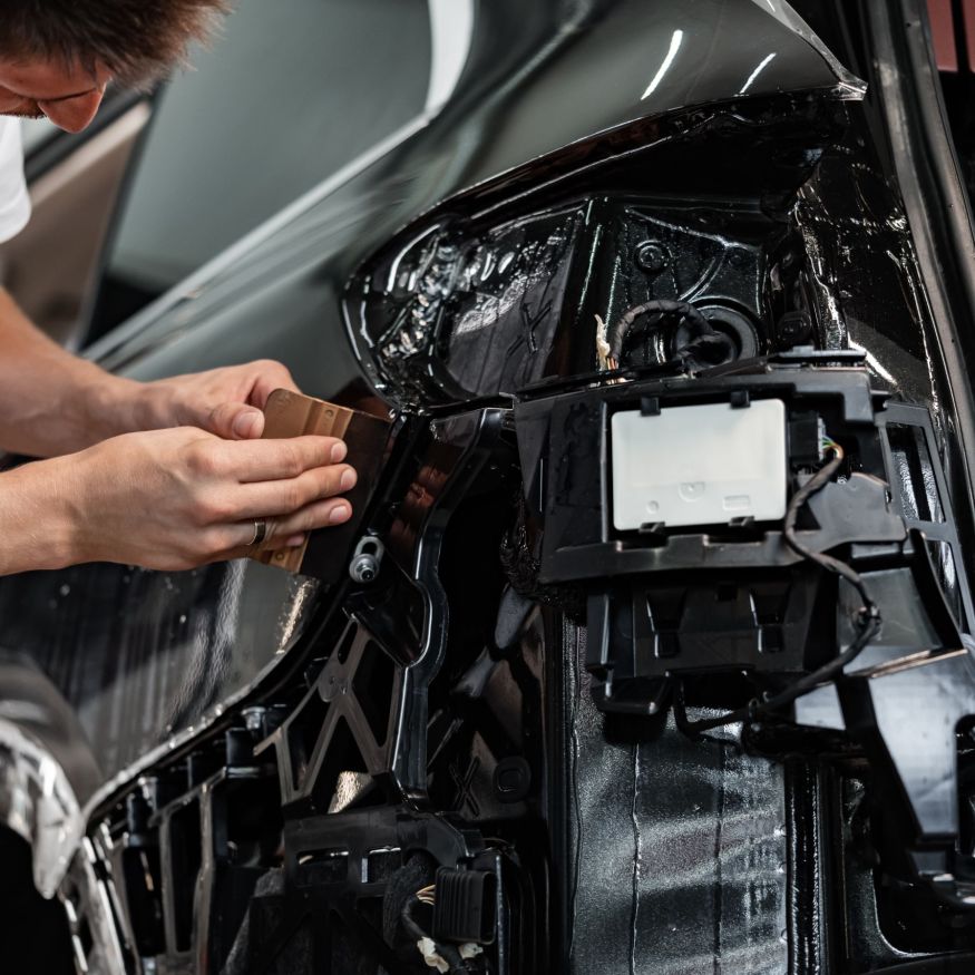 Close up photo of car wrapping specialist putting protective film on a car in detailing service