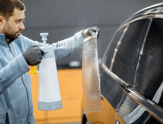 Car service worker preparing anti-gravel film for applying it on a car body for protection. Concept of car body protection with special films